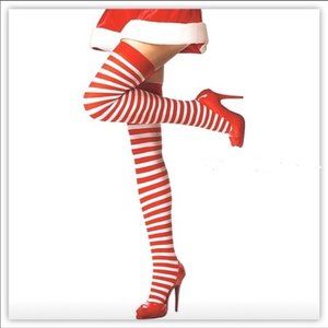 Red & White Striped Over Knee Socks with Pompoms - Size 6.5 to 9.5